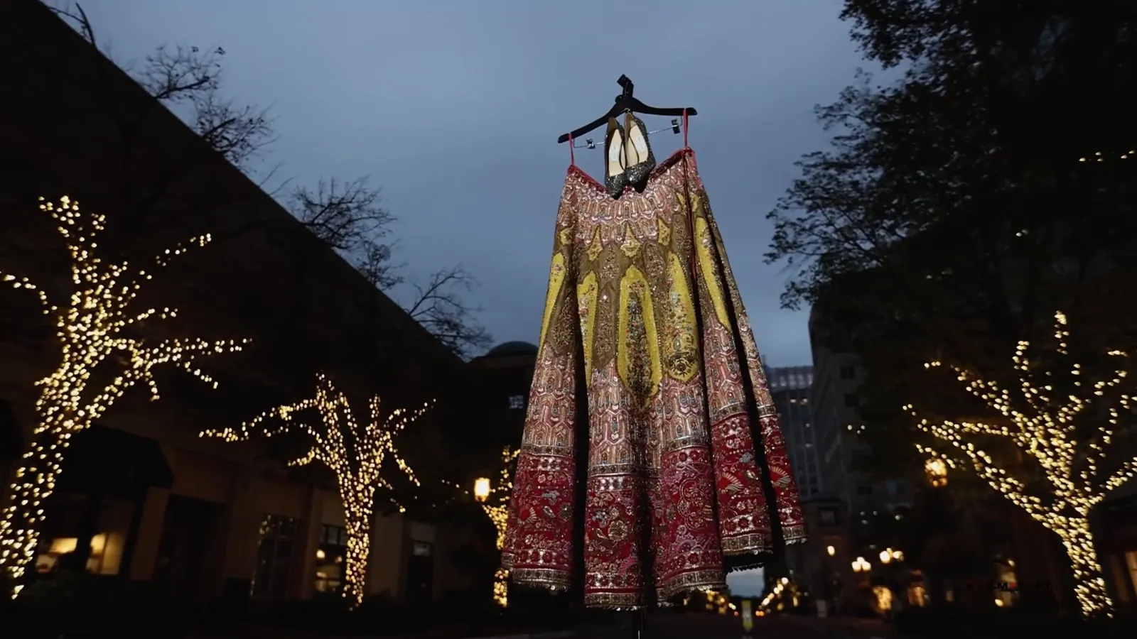 Bridal lehenga hanging among lights at National Harbor, Maryland